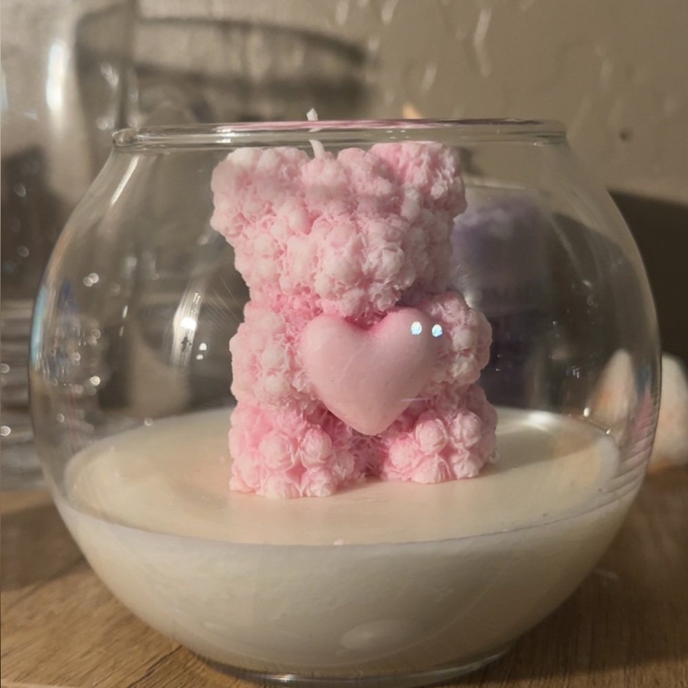 Pink Teddy Bear Candle in Glass Holder